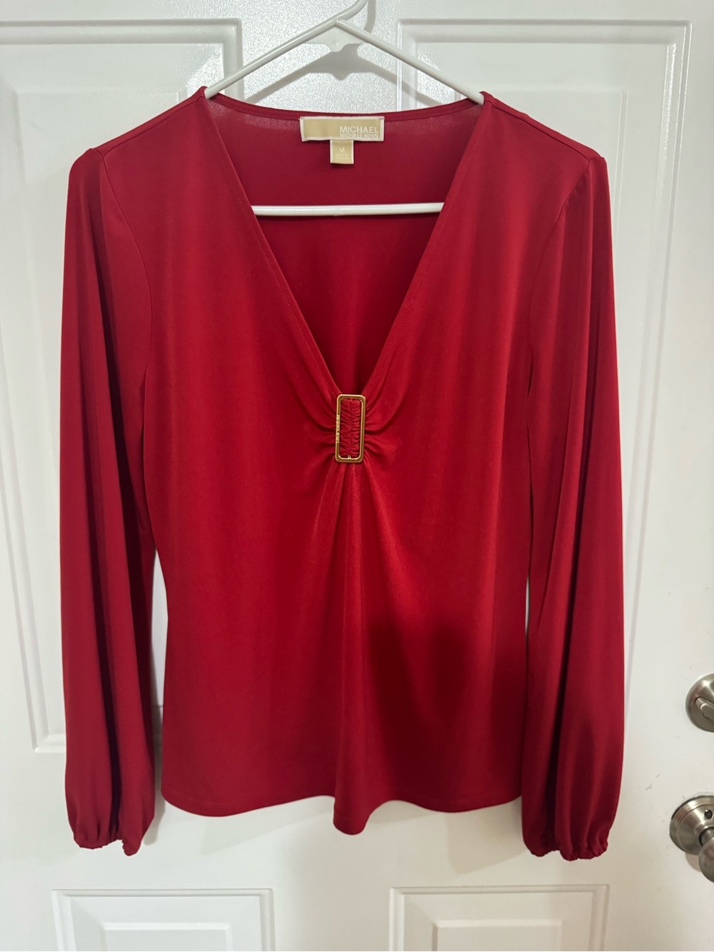 MICHAEL Michael Kors Deep Red V-Neck Long Sleeve Top with Gold Buckle